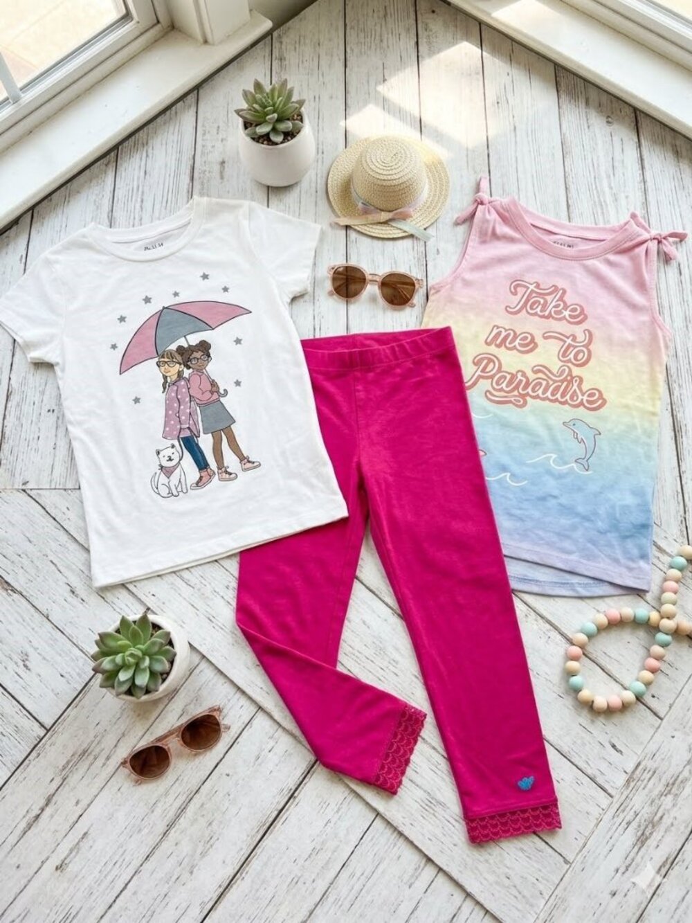 3-Piece Girls Outfit Set Graphic Tees & Pink Leggings Size 5/6
